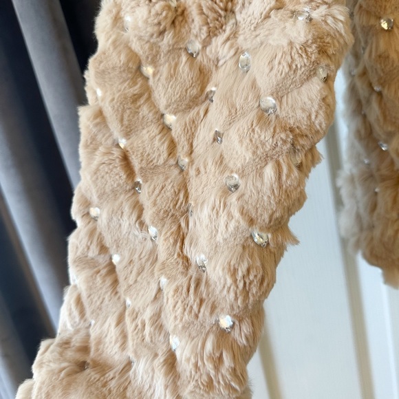 Cache rabbit fur embellished jacket coat EUC tan beige bling medium. - Picture 2 of 7